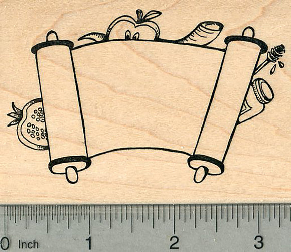 Rosh Hashanah Rubber Stamp, Scroll with Apple, Honey, Pomegranate, and Shofar