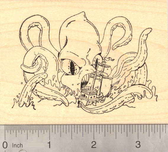 Kraken, Giant Sea Monster Rubber Stamp, Menacing a Ship (Octopus, Squid)