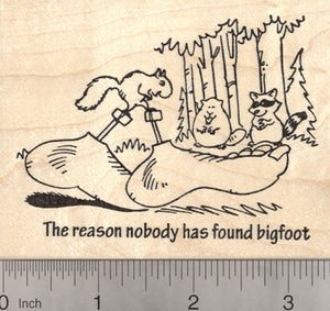 Bigfoot Hoax Rubber Stamp, with Squirrel, Beaver, Raccoon