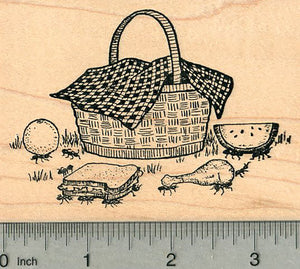 Ants at Picnic Rubber Stamp, Basket with Sandwhich, Melon, Drumstick