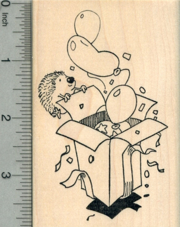 Hedgehog Birthday Rubber Stamp, Surprise Party Balloons in Box