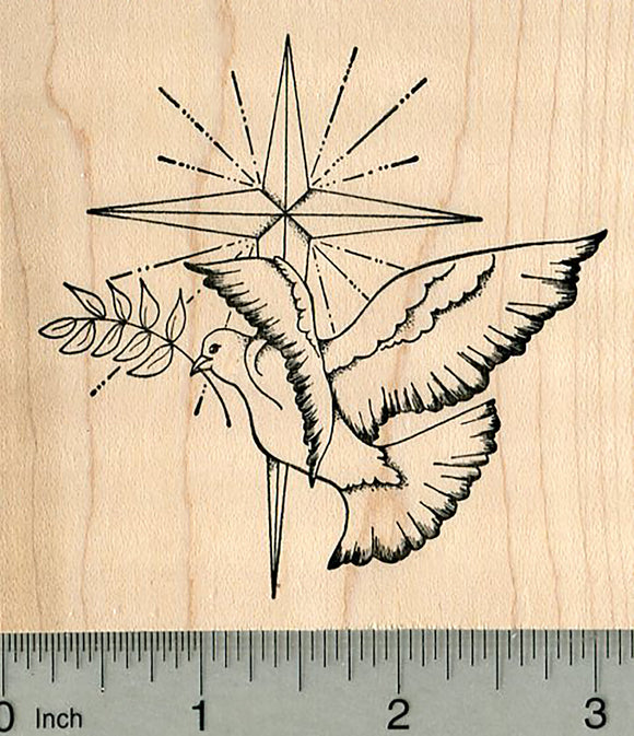 Christmas Dove Rubber Stamp, with Star and Olive Branch, Christian Series