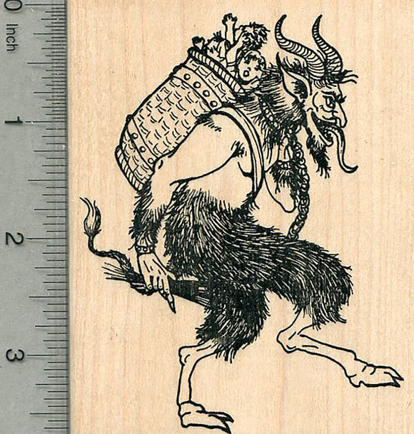 Krampus Rubber Stamp, Carrying Naughty Children in Wicker Basket, Facing Right