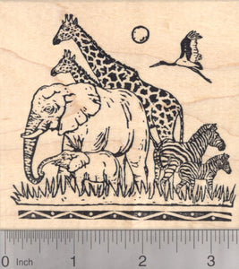African Wildlife Rubber Stamp, Elephant, Giraffe, Zebra, Savannah