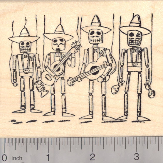 Day of the Dead Mexican Mariachi Band Rubber Stamp, Marionettes Día de los Muertos