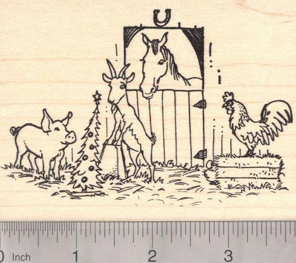 Christmas Barn Scene Rubber Stamp, Featuring Pig, Goat, Horse, and Rooster
