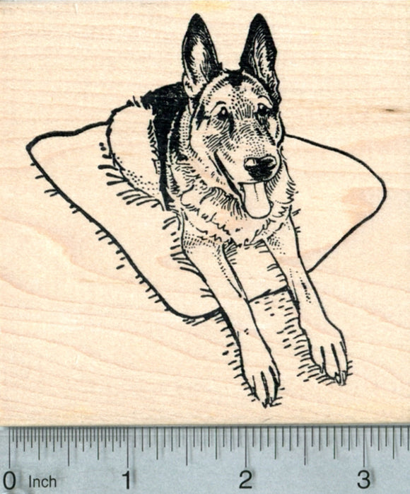 German Shepherd Rubber Stamp, Happy Dog on Pillow