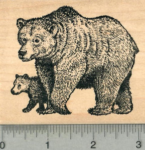 Bear and Cub Rubber Stamp, Grizzly, North American Brown Bear
