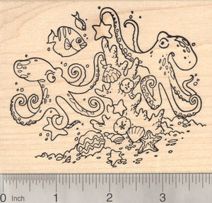 Christmas Under the Sea Rubber Stamp featuring Octopus couple, Coral Reef, Starfish, Clams, and fish